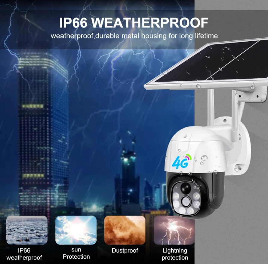 Cameră de Supraveghere Solară 4G cu Cartelă SIM, 3MP Viziune Nocturnă Infraroșu, V380 Pro, IP66