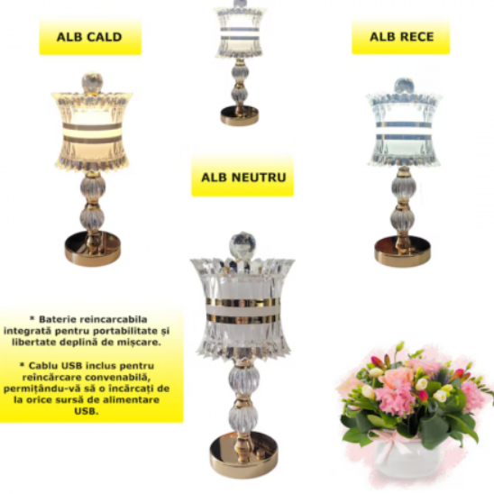 Lampă LED Decorativă Barcelona, Control Tactil cu 3 Nuanțe de Lumină, Baterie Reîncărcabilă, Design Elegant Auriu/Transparent
