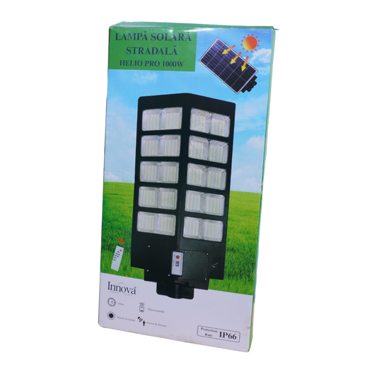 Lampa Solara Stradala Helio PRO Innova 1000W – LED 80 000 lm, Senzor Miscare, Senzor Lumina IP66, Telecomanda & Suport Prindere + Cadou Surpriza