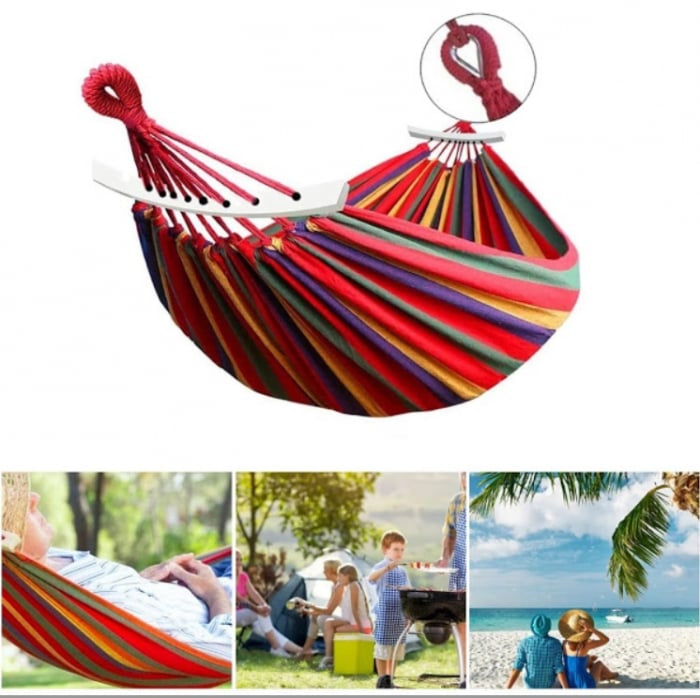 Set 2 Hamace cu Bară de Lemn, Bumbac 180×80 cm, Relaxare de Vara pentru 2 Persoane