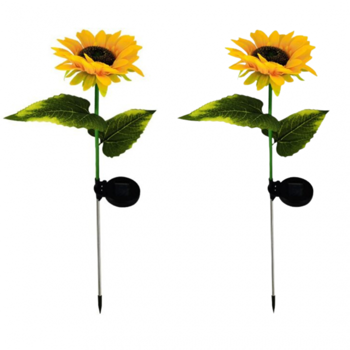 Set 2 x Lămpi Solare LED tip Floarea Soarelui pentru Grădină, 10 Micro-LED-uri, Înălțime 70 cm, IP65, Iluminare Automată cu Senzor