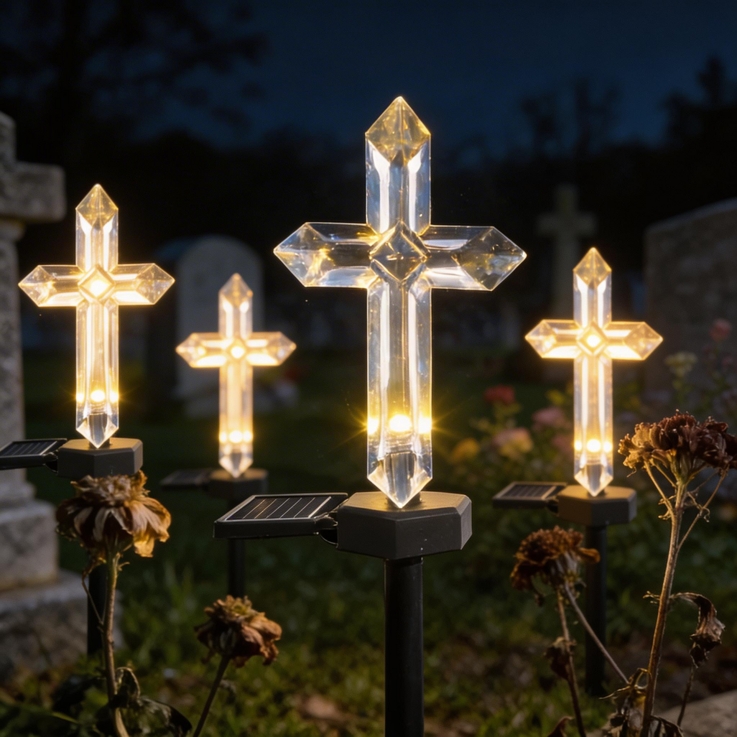 Set 4 Cruci Solare Decorative LED Alb Cald pentru Gradina si Cimitir – Iluminare Automata