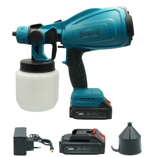 Pistol de Vopsit Electric Innova cu 2 Acumulatori 48V, Fără Fir, Motor Fără Perii, 800 ml, Putere 210W, Reglaj Flux și Atomizare Fină+Cadou Surpriza