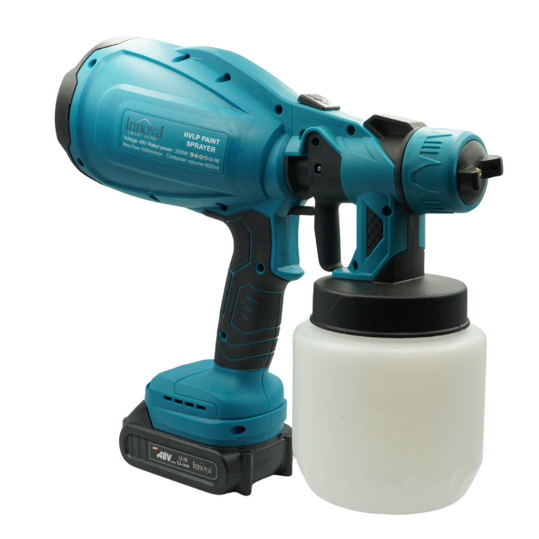 Pistol de Vopsit Electric Innova cu 2 Acumulatori 48V, Fără Fir, Motor Fără Perii, 800 ml, Putere 210W, Reglaj Flux și Atomizare Fină+Cadou Surpriza
