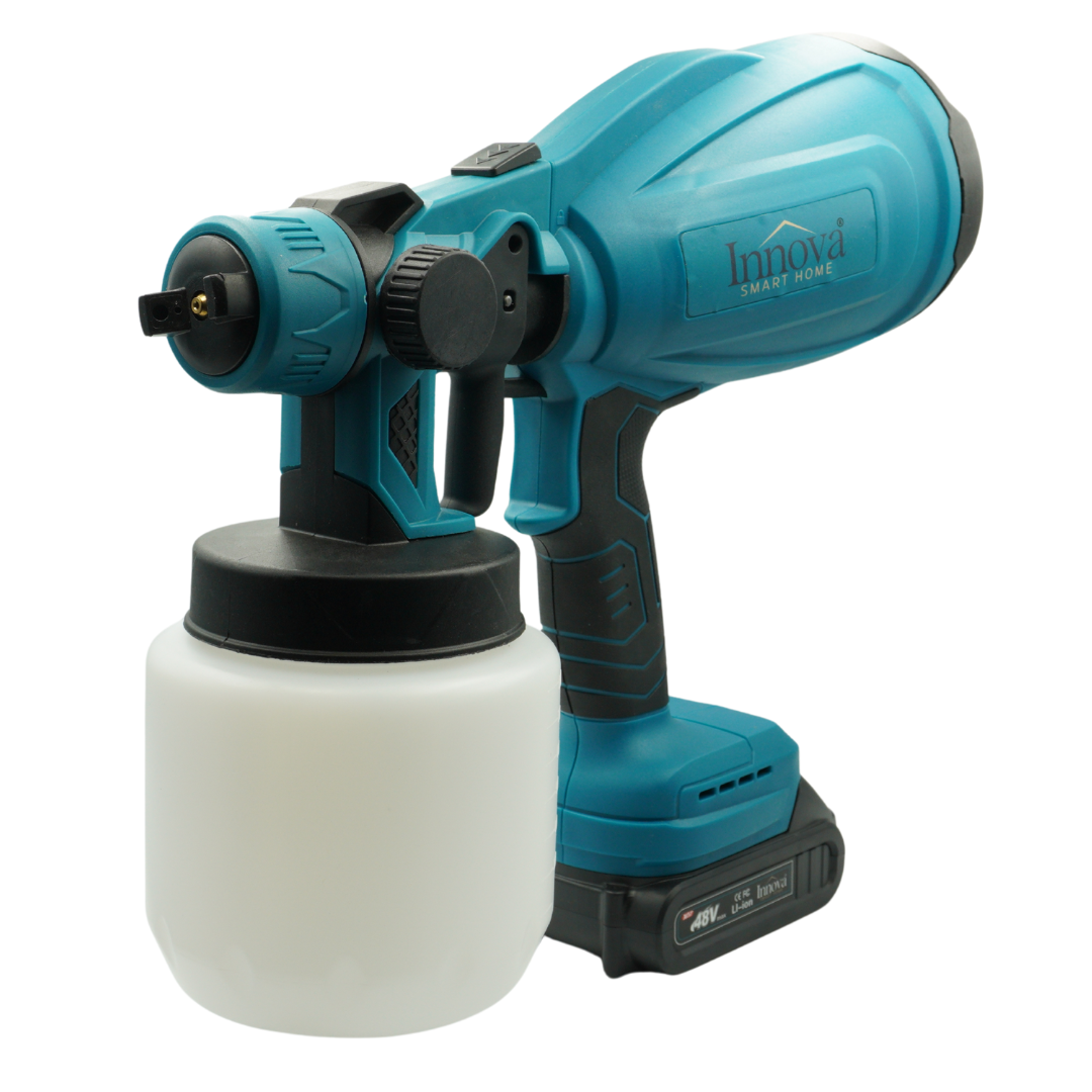Pistol de Vopsit Electric Innova cu 2 Acumulatori 48V, Fără Fir, Motor Fără Perii, 800 ml, Putere 210W, Reglaj Flux și Atomizare Fină+Cadou Surpriza