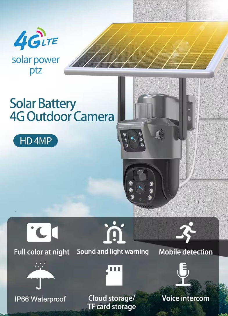 SET 2 x Cameră de Supraveghere Duală cu Panou Solar, 6 mp, 4G SIM, Senzor de Mișcare, Lentile Duble  + 2 card 64GB