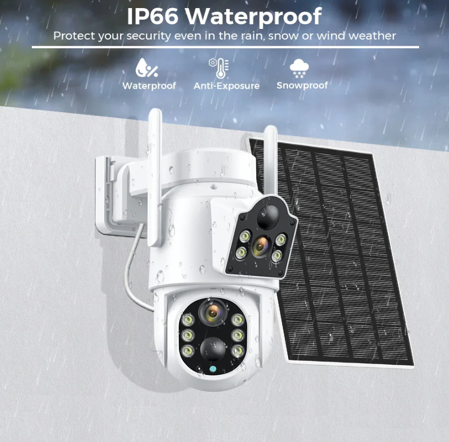 Pachet 2 x Camera de Supraveghere Dublă cu Panou Solar Jortan – Lentile Fixe și Mobile, 4K, WiFi, Viziune Nocturnă cu Infraroșu, Ideală pentru Exterior 
