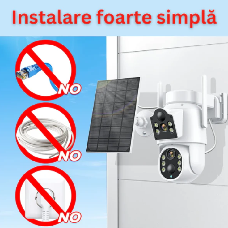Pachet 2 x Camera de Supraveghere Dublă cu Panou Solar Jortan – Lentile Fixe și Mobile, 4K, WiFi, Viziune Nocturnă cu Infraroșu, Ideală pentru Exterior 