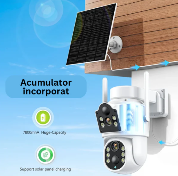 Pachet 2 x Camera de Supraveghere Dublă cu Panou Solar Jortan – Lentile Fixe și Mobile, 4K, WiFi, Viziune Nocturnă cu Infraroșu, Ideală pentru Exterior 