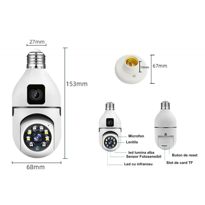 Jortan JTZ-9696PROB: Cameră Supraveghere Duală Tip Bec, HD, WiFi, Vedere 360° Full Color + CADOU SURPRIZA