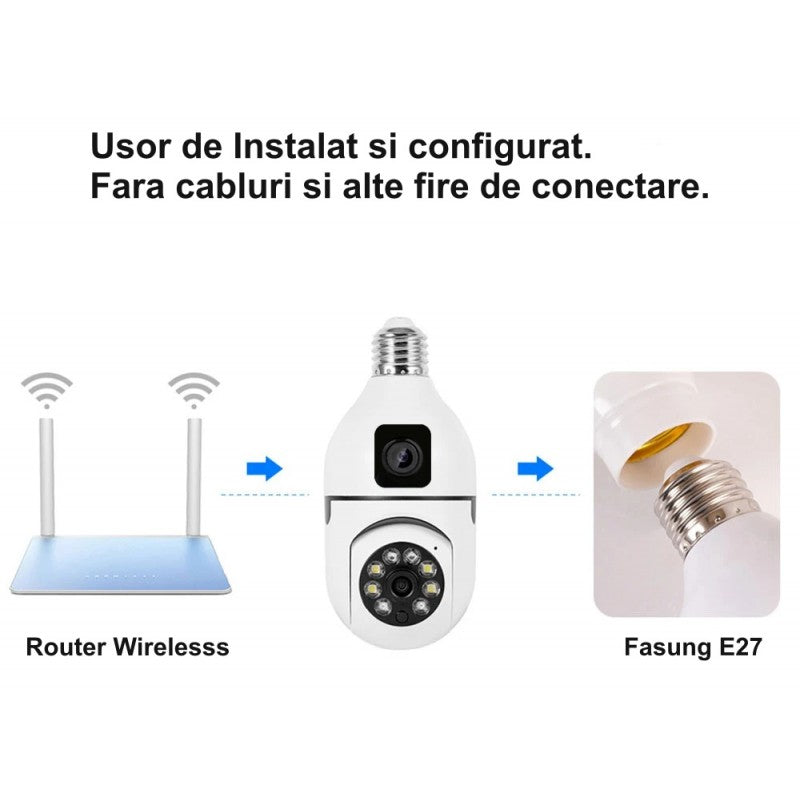 Jortan JTZ-9696PROB: Cameră Supraveghere Duală Tip Bec, HD, WiFi, Vedere 360° Full Color + CADOU SURPRIZA