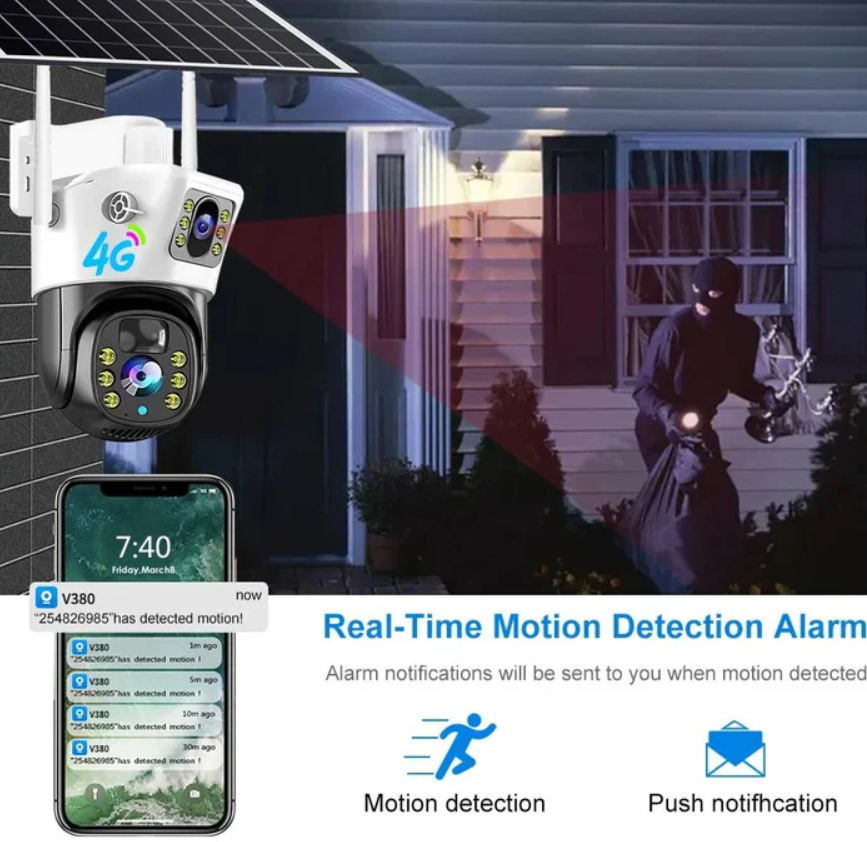 Cameră de Supraveghere Duală cu Panou Solar, 6 mp, 4G SIM, Senzor de Mișcare, Lentile Duble  + card 64GB