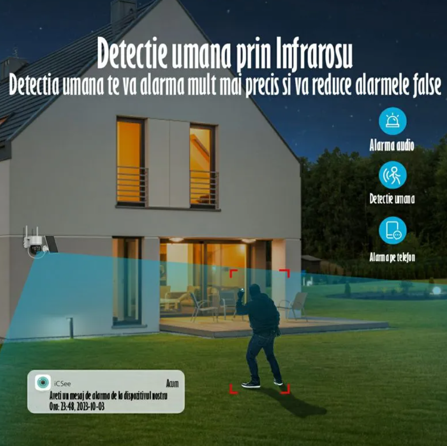 Cameră de Supraveghere Jortan Premium cu Panou Solar, 4 MP, WiFi, Senzor de Mișcare, Vedere Nocturnă cu Infraroșu, Rotativă la 360° și Rezistență IP66