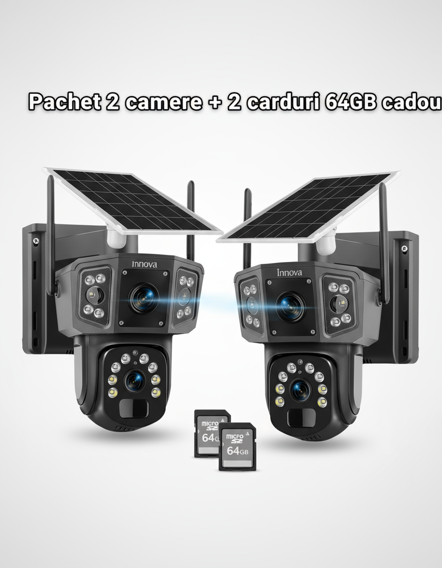 Black Friday - Set 2 x Camera Supraveghere Solara Dubla INNOVA WIFI , 6MP , Full HD, PTZ 360°, baterie 12000mAh, 2 carduri 64gb cadou , 3 ani garantie