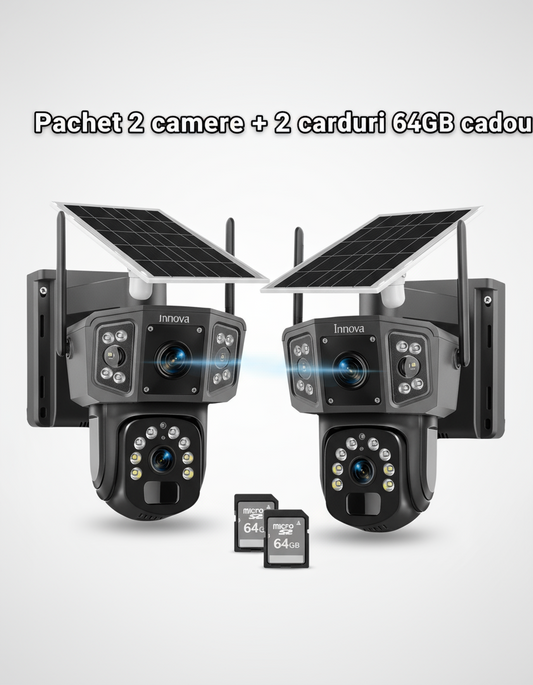 Black Friday - Set 2 x Camera Supraveghere Solara Dubla INNOVA WIFI , 6MP , Full HD, PTZ 360°, baterie 12000mAh, 2 carduri 64gb cadou , 3 ani garantie