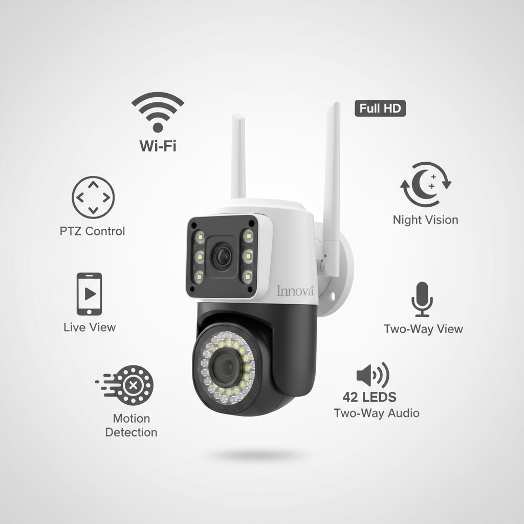 Black Friday - Cameră Video Duală INNOVA VISION SMART 6MP , 42 Led, Vedere 360°, WiFi, Vedere Nocturna,Live Pe telefon+ Card Cadou 32gb