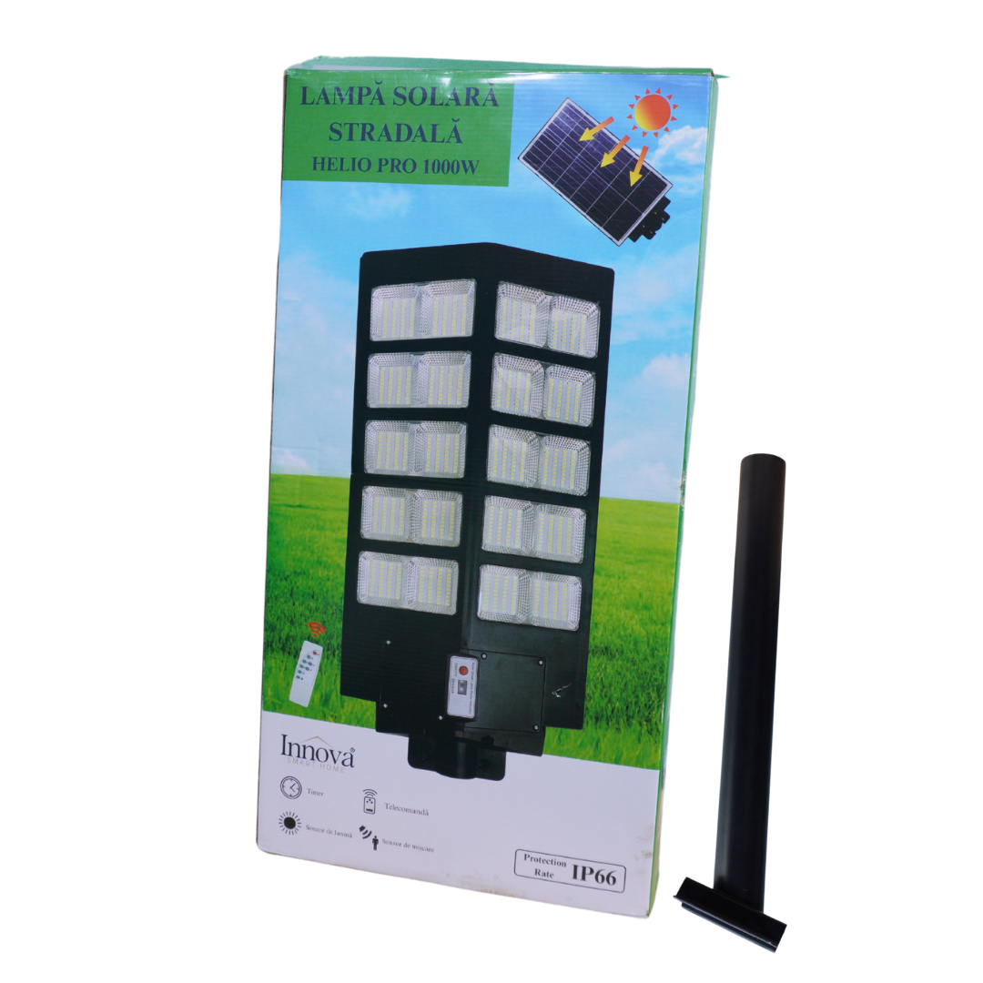 Lampa Solara Stradala Helio PRO Innova 1000W – LED 80 000 lm, Senzor Miscare, Senzor Lumina IP66, Telecomanda & Suport Prindere