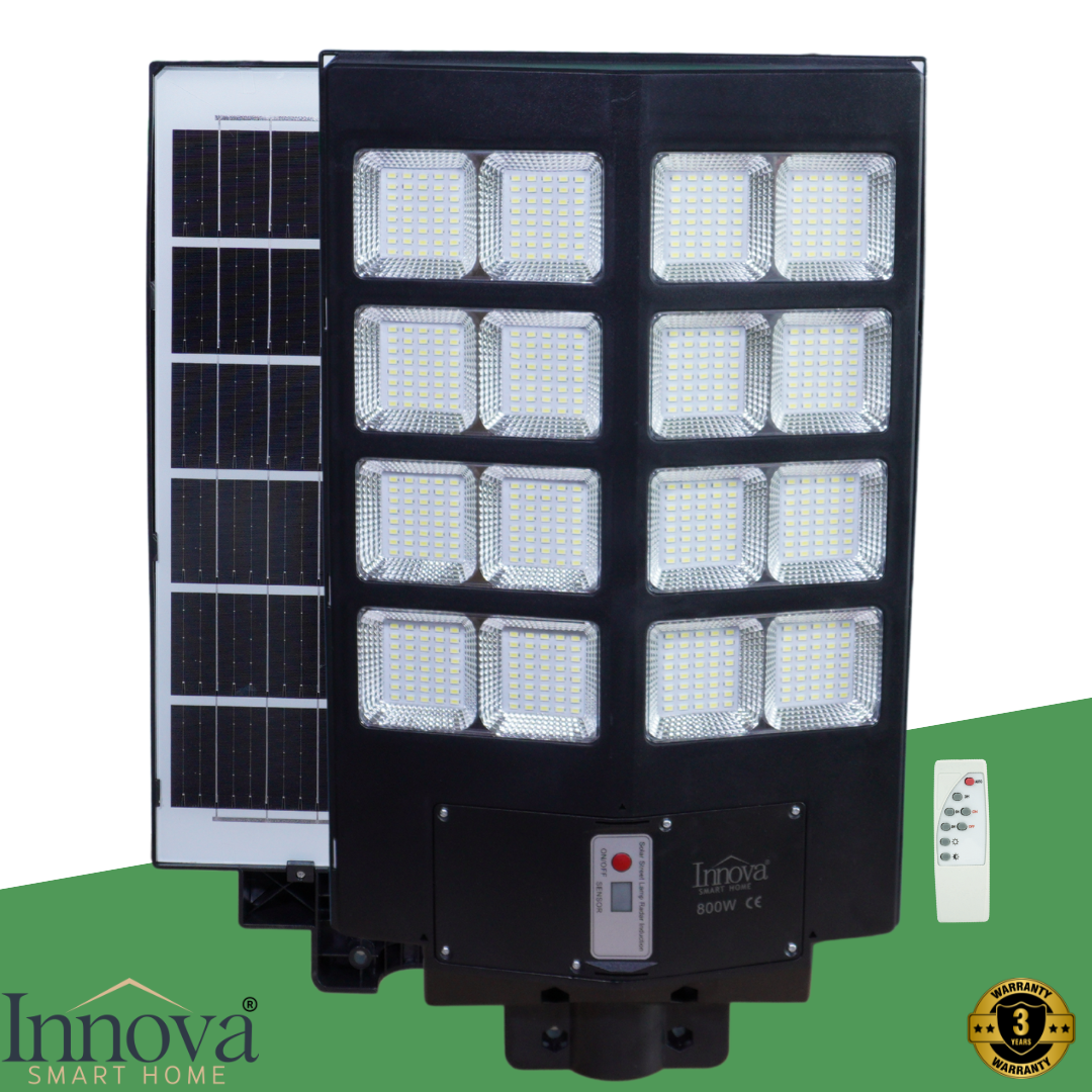 Lampa Solara Stradala Helio PRO Innova 800W – LED Puternic, Senzor Lumina/Miscare si Telecomanda, IP66 & Suport Prindere