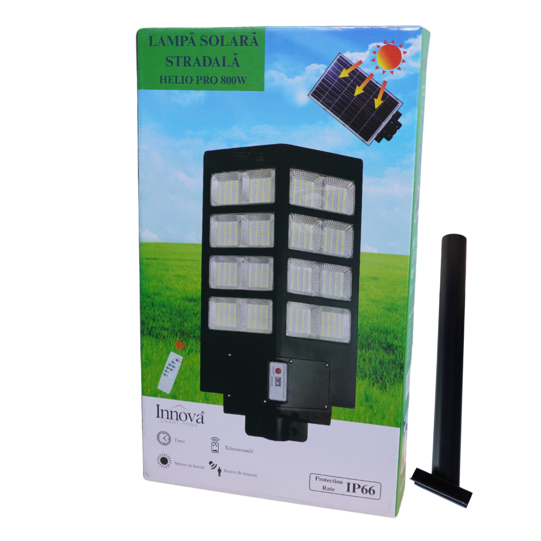 Lampa Solara Stradala Helio PRO Innova 800W – LED Puternic, Senzor Lumina/Miscare si Telecomanda, IP66 & Suport Prindere