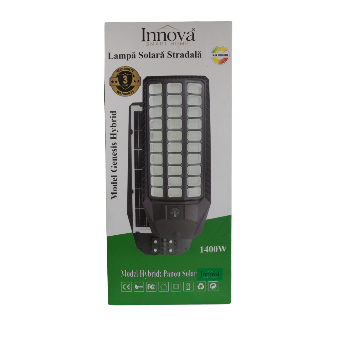 Lampa Solara Stradala Innova Smart Home Genesis 1400W cu Senzor de Miscare si Telecomanda, IP66, Panou Solar Rapid, Kit Instalare Inclus