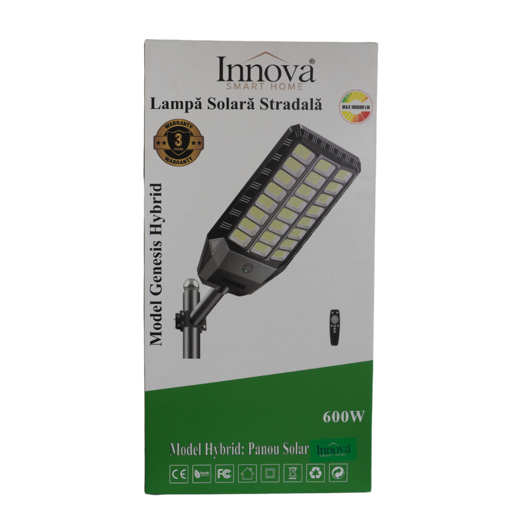 Lampa Solara Stradala 600W Innova Smart Home Genesis, senzor miscare si lumina, IP66, telecomanda, kit instalare inclus, 3 ani garantie