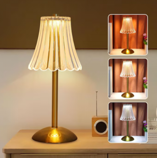Lampă de Birou Cristal Paris, Tactilă și Reglabilă, 3 Nuanțe de Lumină, Auriu, Reîncărcabilă - Ideală pentru Dormitor, Living, sau Restaurant