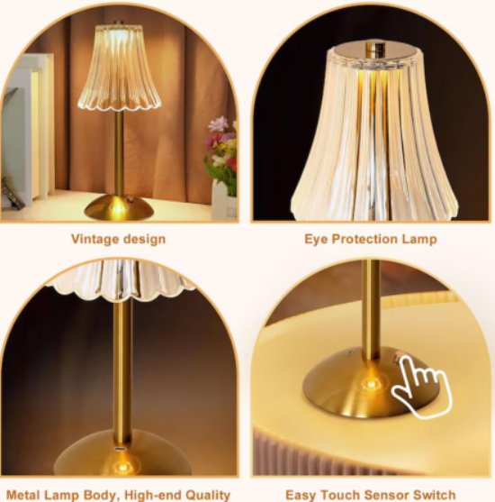 Lampă de Birou Cristal Paris, Tactilă și Reglabilă, 3 Nuanțe de Lumină, Auriu, Reîncărcabilă - Ideală pentru Dormitor, Living, sau Restaurant