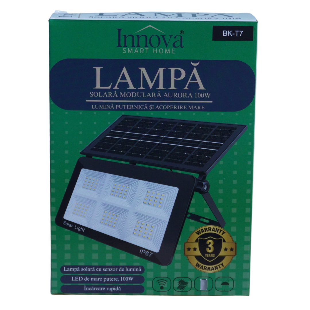 Lampa Solara Modulara Aurora by Innova 100W BK-T7 cu Panou Detasabil  – Senzor Lumina, IP67, 140 mp2
