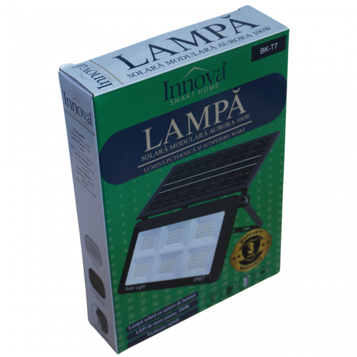Lampa Solara Modulara Aurora by Innova 100W BK-T7 cu Panou Detasabil – Senzor Lumina, IP67, 140 mp2