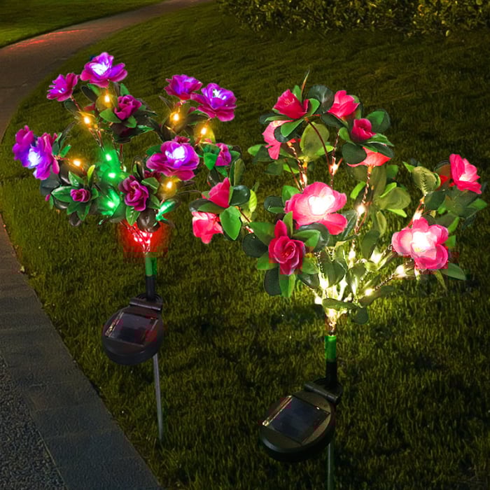 Lampa Solară Set 2 x Trandafiri Roz cu 7 Flori LED M373-8, Decor Floral de Gradina, IP66, 60cm, Iluminare Calda