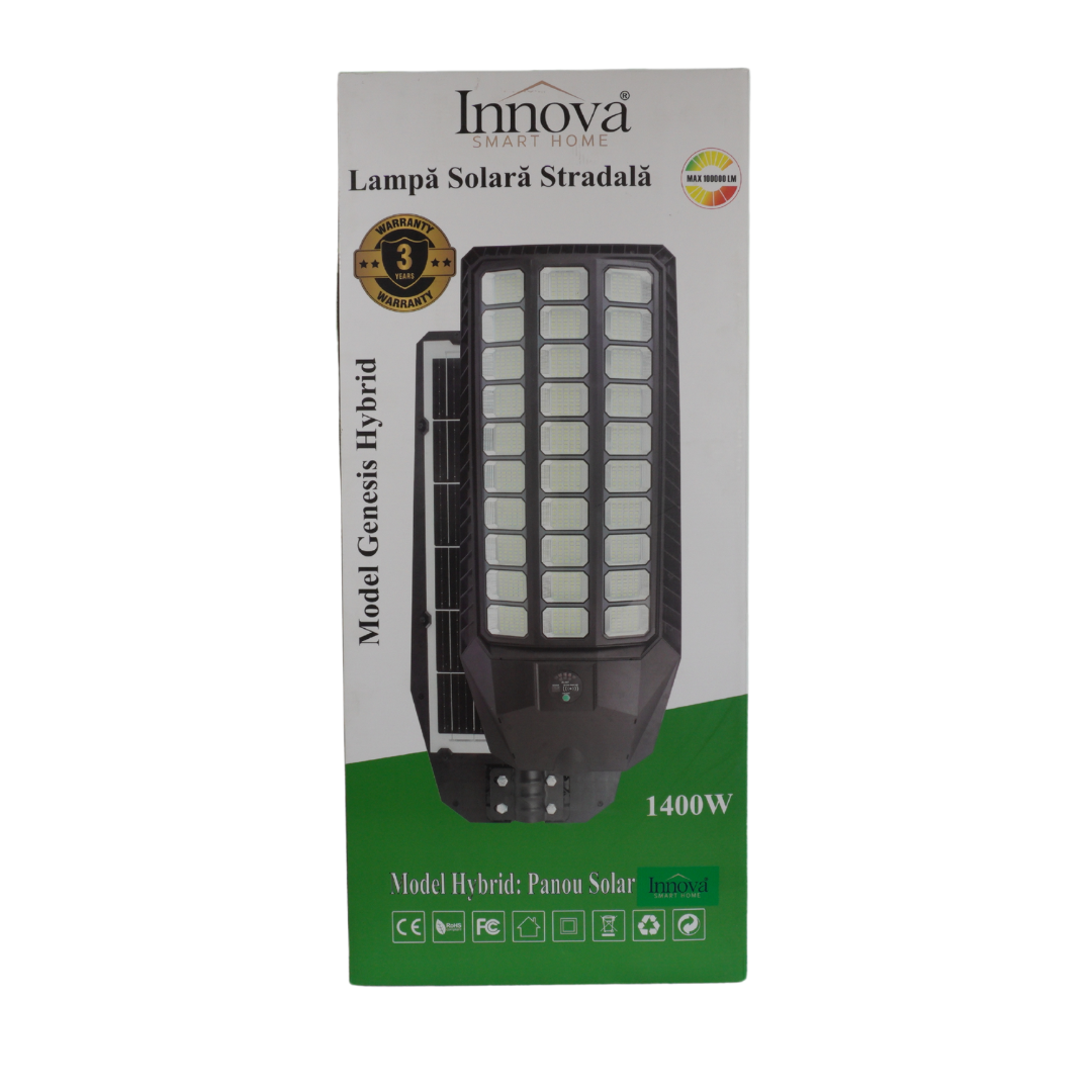 Lampa Solara Stradala Innova Smart Home Genesis 1400W cu Senzor de Miscare si Telecomanda, IP66, Panou Solar Rapid, Kit Instalare Inclus+Cadou Surpriza