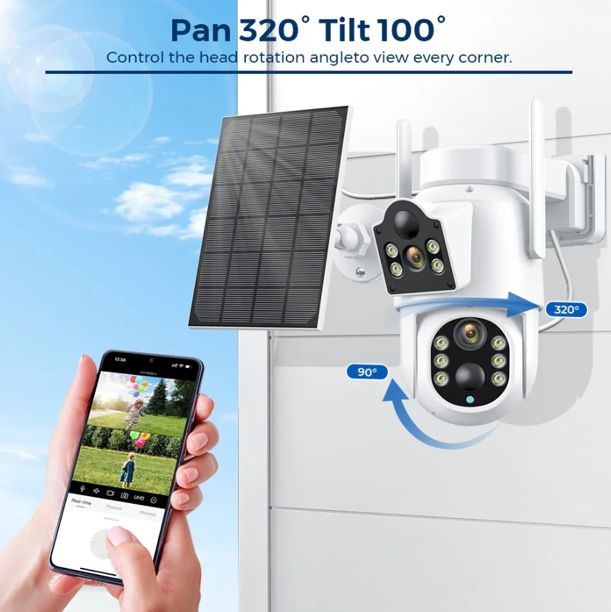 Pachet 2 xCamera de Supraveghere Dublă cu Panou Solar Jortan – Lentile Fixe și Mobile, 4K, WiFi, Viziune Nocturnă cu Infraroșu, Ideală pentru Exterior