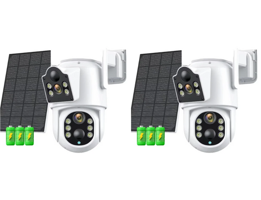 Pachet 2 xCamera de Supraveghere Dublă cu Panou Solar Jortan – Lentile Fixe și Mobile, 4K, WiFi, Viziune Nocturnă cu Infraroșu, Ideală pentru Exterior