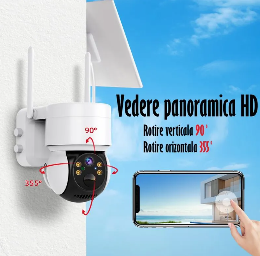 Pachet 2 x Cameră de Supraveghere Jortan Premium cu Panou Solar, 4 MP, WiFi, Senzor de Mișcare, Vedere Nocturnă cu Infraroșu, Rotativă la 360° și Rezistență IP66