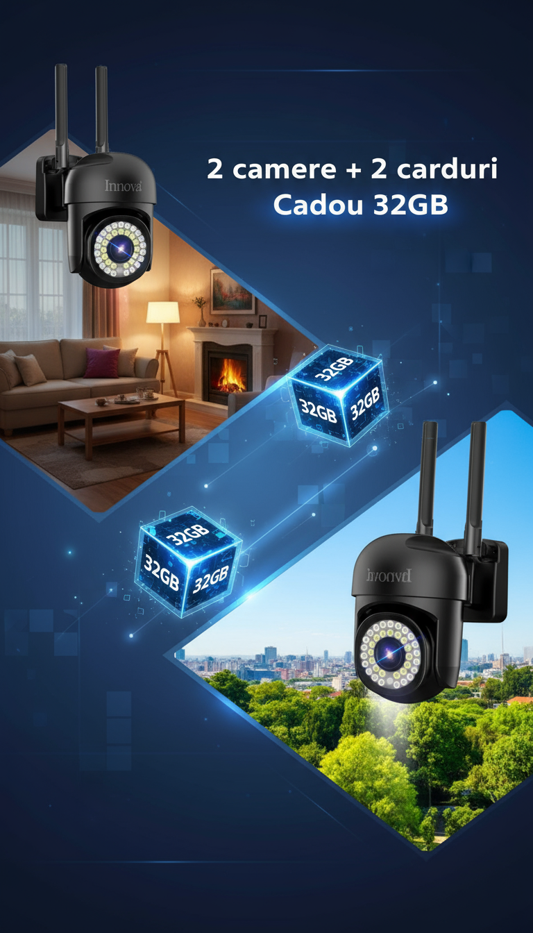 Black Friday - Pachet 2 x Cameră de Supraveghere Smart Innova, 36 LED-uri, HD, IP66 + 2 Carduri Cadou