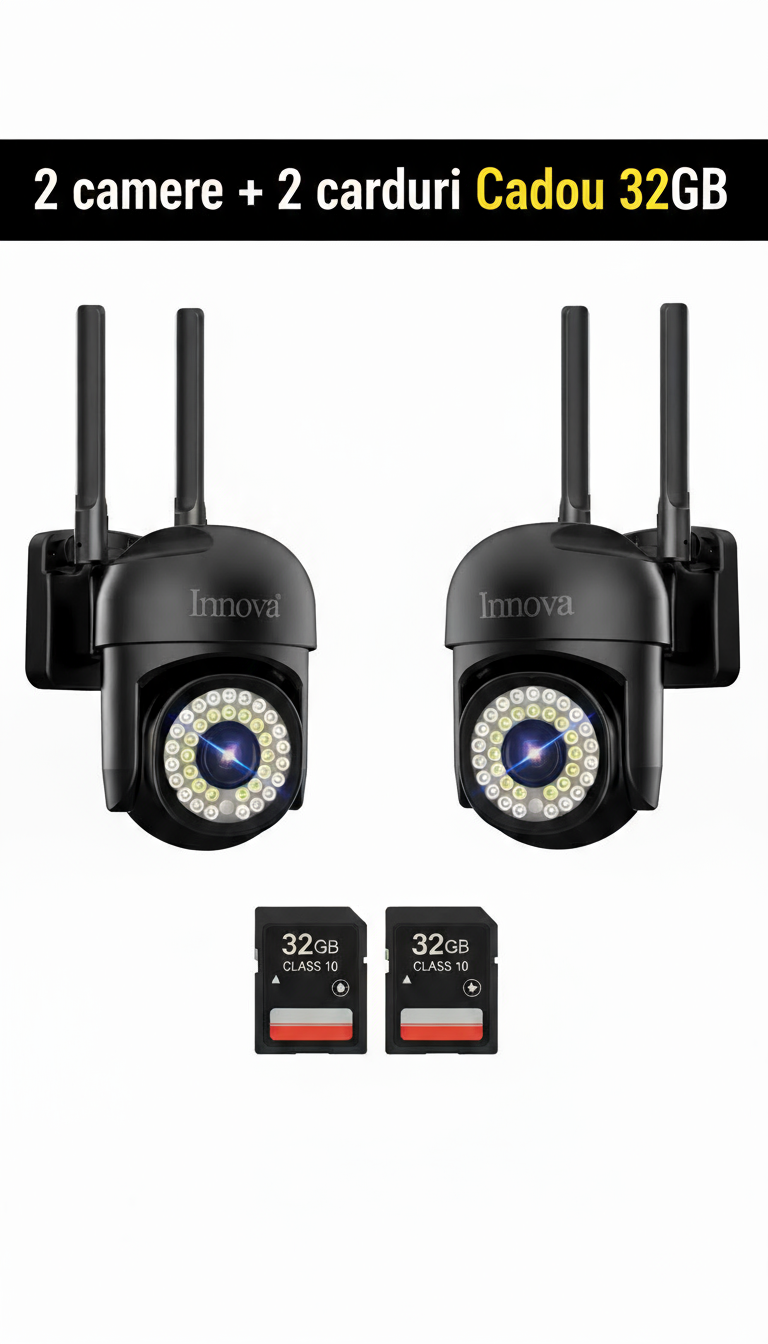 Black Friday - Pachet 2 x Cameră de Supraveghere Smart WIFI, 36 LED-uri, HD, IP66 + 2 Carduri Incluse+CADOU SURPRIZA