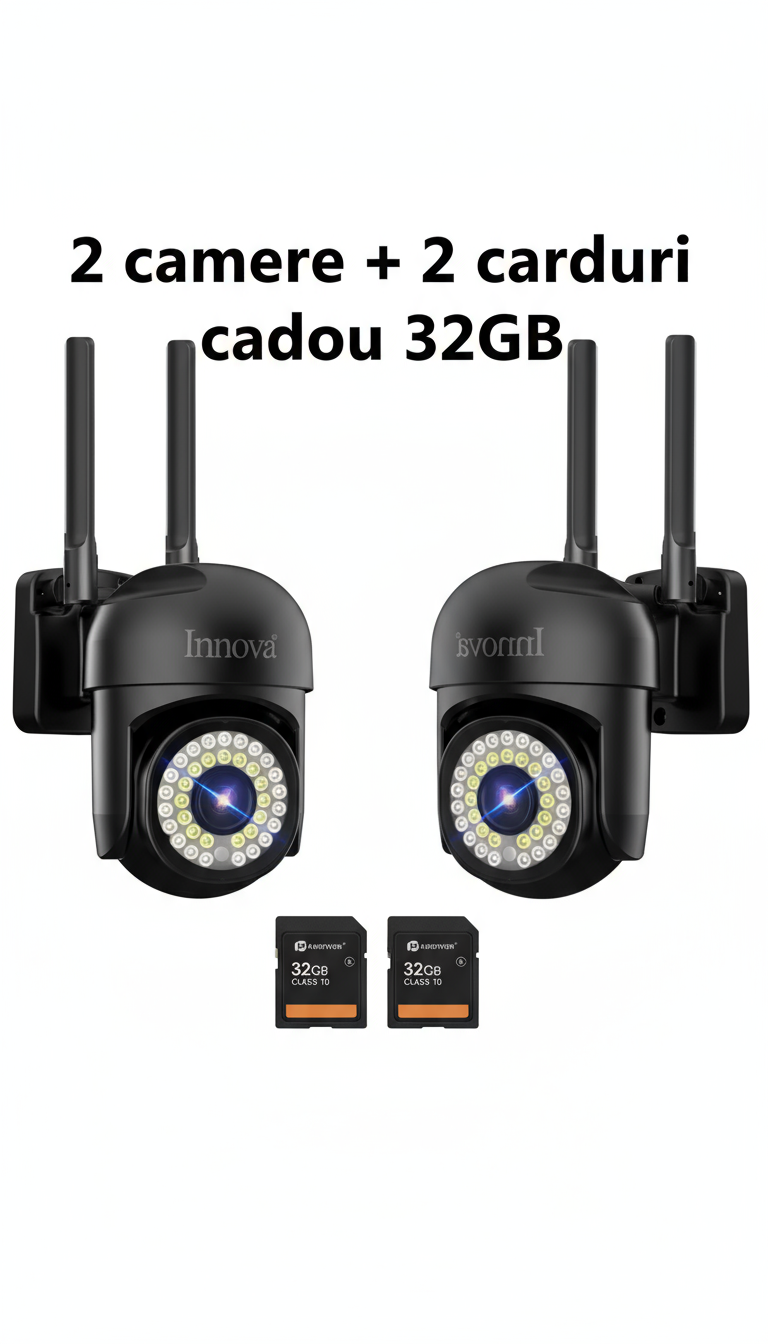 Pachet 2 x Cameră de Supraveghere Smart WIFI, 36 LED-uri, HD, IP66 + 2 Carduri Incluse+CADOU SURPRIZA