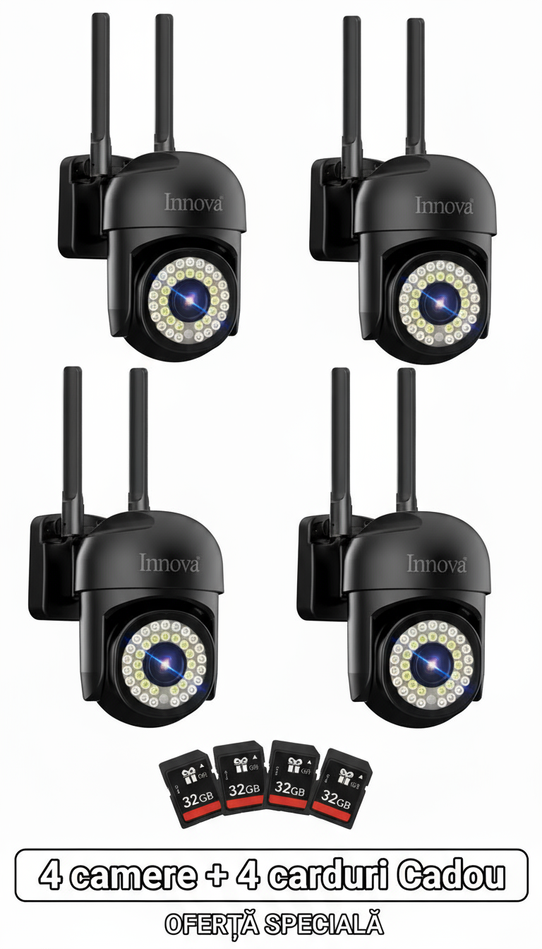 Black Friday - Pachet 4 x Cameră de Supraveghere INNOVA WIFI, 36 LED-uri, HD, IP66 + 4 Carduri Cadou