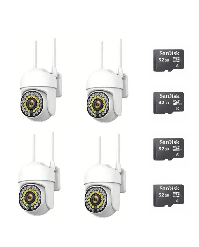 Black Friday - Pachet 4 x Cameră de Supraveghere Smart WIFI, 36 LED-uri, HD, IP66 + 4 Carduri Incluse+CADOU SURPRIZA