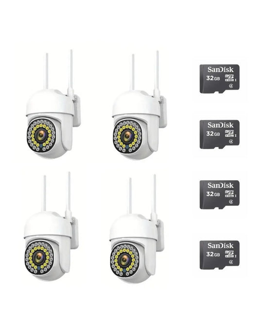 Black Friday - Pachet 4 x Cameră de Supraveghere Smart WIFI, 36 LED-uri, HD, IP66 + 4 Carduri Incluse+CADOU SURPRIZA