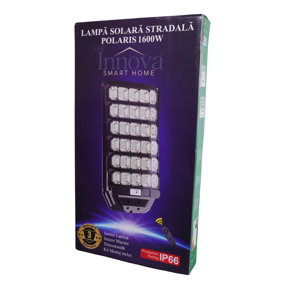 Lampa Solara Stradala Polaris Innova 1600W – LED 120 000 lm, Senzor Lumina/Miscare si Telecomanda, IP66 & Suport Prindere