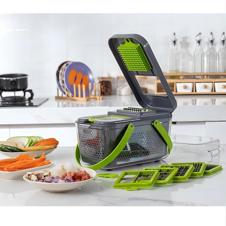 Razatoare Multifuctionala, Legume Si Fructe, 22 De Accesorii, Manuala, Lame Din Otel Inoxidabil, Feliere, Radere, Taietor, Gri Verde