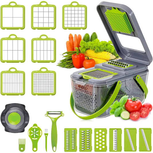Razatoare Multifuctionala, Legume Si Fructe, 22 De Accesorii, Manuala, Lame Din Otel Inoxidabil, Feliere, Radere, Taietor, Gri Verde