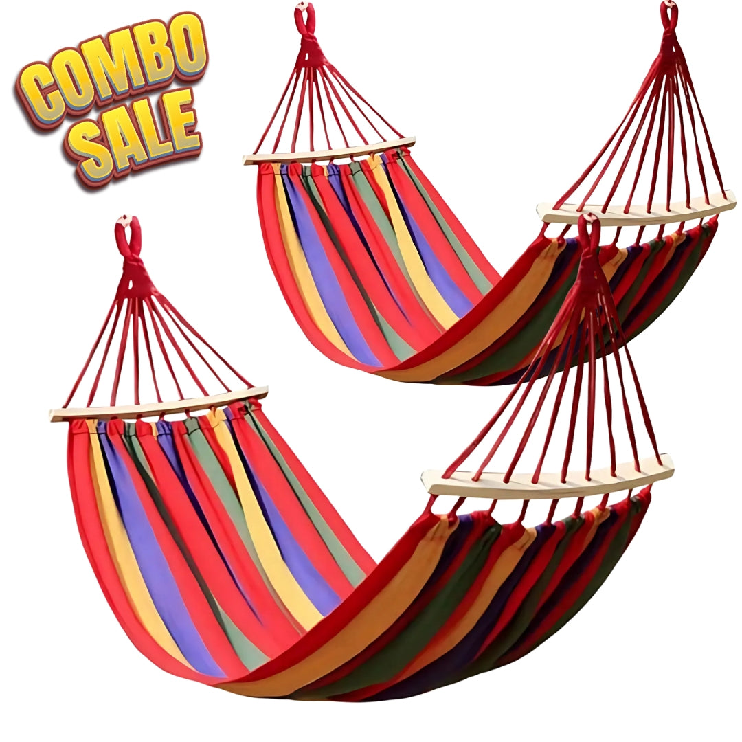 Set 2 Hamace cu Bară de Lemn, Bumbac 180×80 cm, Relaxare de Vara pentru 2 Persoane
