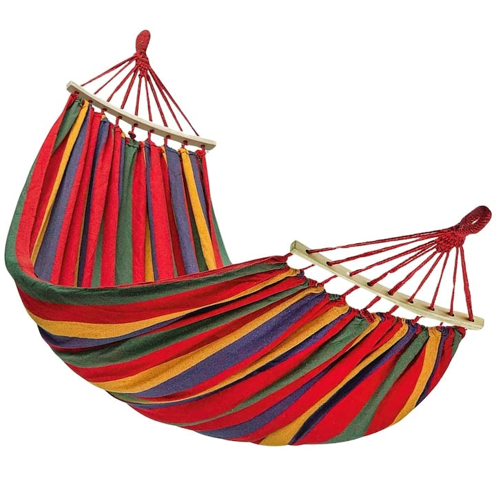 Set 2 Hamace Duble din Bumbac cu Bară de Lemn, 150x250 cm