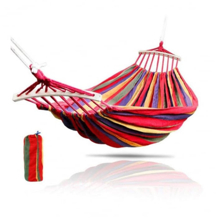 Set 2 Hamace Duble din Bumbac cu Bară de Lemn, 150x250 cm