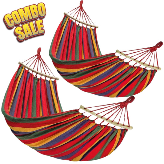 Set 2 Hamace Duble din Bumbac cu Bară de Lemn, 150x250 cm