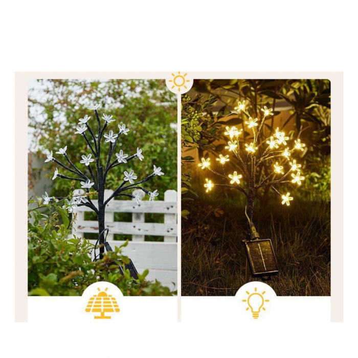 Set 2 Lampi Solare Decorative Ramura cu Flori LED, 65cm, IP66