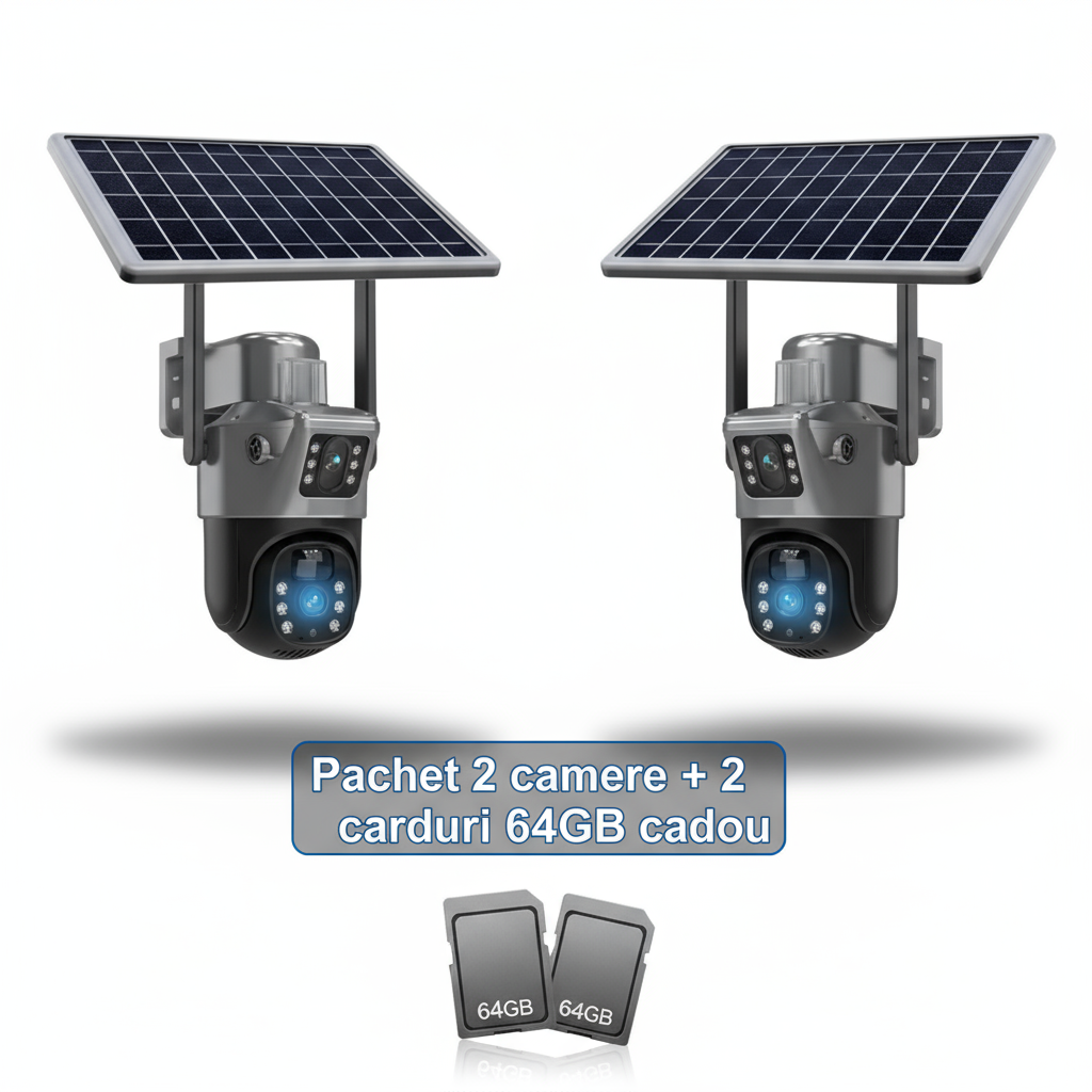 SET 2 x Cameră de Supraveghere Duală cu Panou Solar, 6 mp, 4G SIM, Senzor de Mișcare, Lentile Duble  + 2 card 64GB