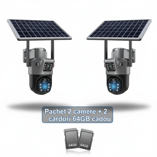 SET 2 x Cameră de Supraveghere Duală cu Panou Solar, 6 mp, 4G SIM, Senzor de Mișcare, Lentile Duble  + 2 card 64GB